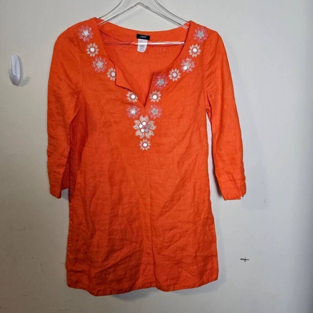 J. Crew Size 0 Orange Embellished 100% Linen Embroidered Tunic Top 3/4 sleeves.